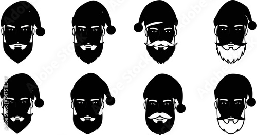 Eight stylized black and white portraits of men wearing Santa hats