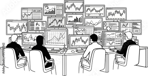 Figures analyze complex financial data on multiple computer monitors