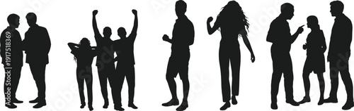 People silhouette set, group of men and women talking arguing and celebrating, social interaction concept vector illustration isolated on white background