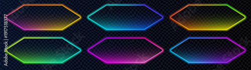 Stylish flattened hexagon tag with glowing stroke and soft shadow effect. Designed for neon action call highlights, buy buttons, website banners and modern app interface design.