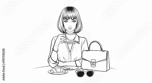 Elegant woman enjoying coffee with pastry and accessories