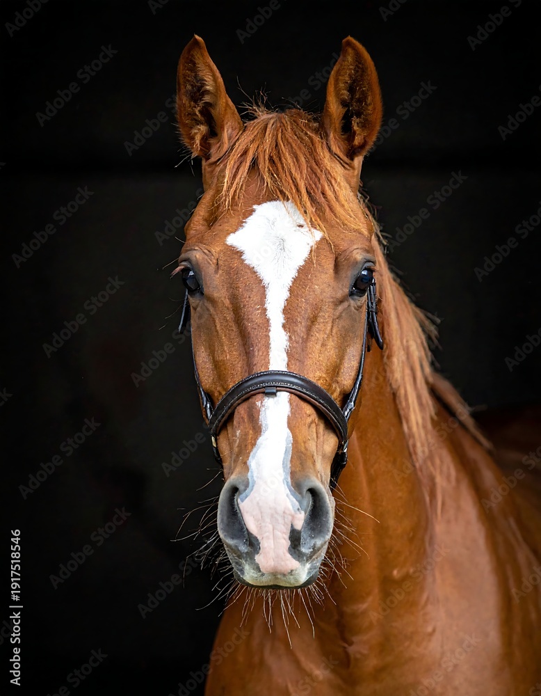 Fototapeta premium A brown horse with a white stripe on its face