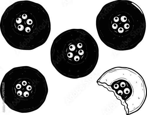 Five circular dark objects with inner circles and a sixth partially eaten