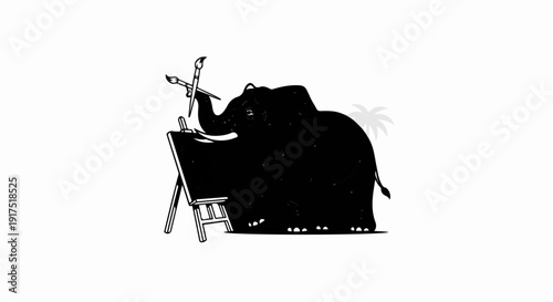 Elephant artist at easel with brushes and palm tree