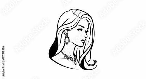 Elegant woman's profile in artistic outline, adorned with jewelry