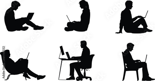 People working on laptops silhouettes set, men and women sitting with computers in different positions, remote work freelance lifestyle vector illustration