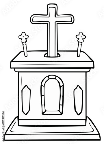Black and white illustration of a tombstone with a cross on top, a symbol of Christian burial