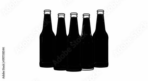 Five dark liquid-filled bottles with ribbed caps arranged closely together