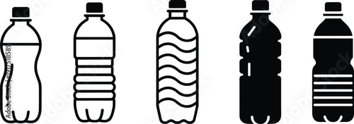 Plastic water bottle silhouettes set, reusable and disposable drink containers vector icons isolated on white background for packaging and beverage design