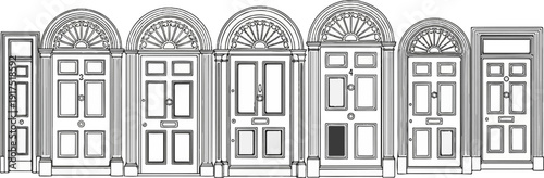 Five detailed line art drawings of neoclassical doorways with fanlights