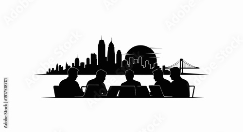 Five silhouetted figures at laptops, with a city skyline and bridge backdrop