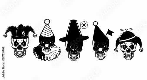 Five skulls decorated as clowns, each with unique hat and facial features