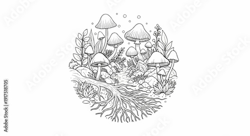Enchanted forest floor with numerous mushrooms and exposed roots