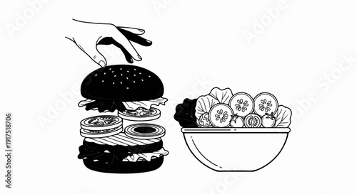 Hand assembling a burger next to a fresh salad in a bowl