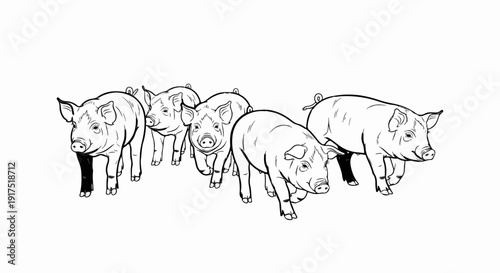 Five playful piglets line up and march forward together