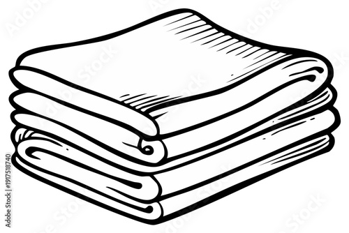 Black and white line art drawing of neatly stacked folded household linens