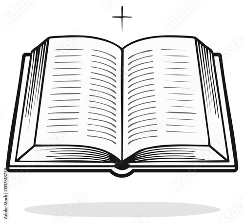 Open book with a cross above, line art vector illustration.