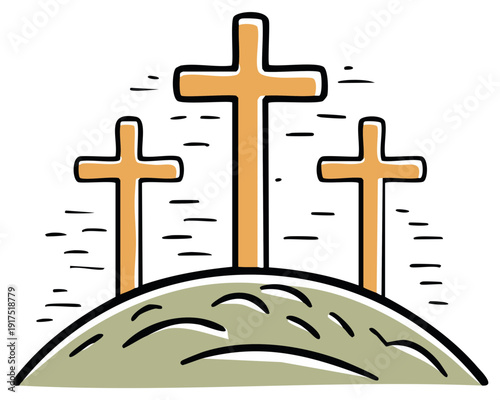 Three wooden crosses on a hillside in an illustrative style