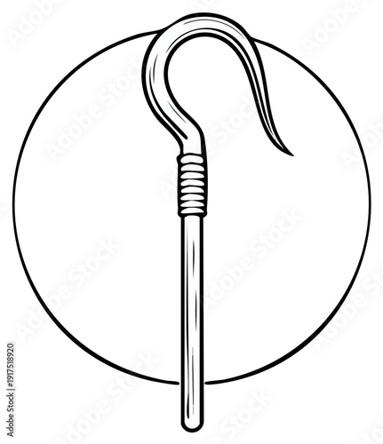 Egyptian crook symbol, in a circular frame, black and white outline.