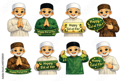 Idul Fitri Greeting Icon Set Featuring Elderly Man