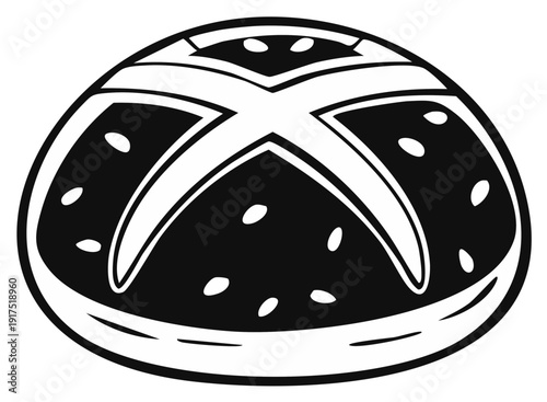 Black and White Illustration of a Traditional Hot Cross Bun with a Marked Cross and Scattered Fruit Pieces