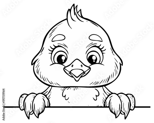 Cute chick peering over a ledge, cartoon illustration in black and white
