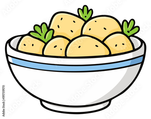 Hand-drawn illustration of a bowl filled with boiled potatoes and green herbs