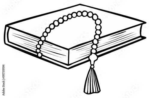 Islamic prayer beads draped over an open book illustration
