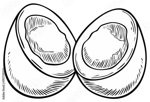 Halved eggs illustration Hatching style monochrome Drawing of two halves Hard boiled food Sketch ink hand drawn easter