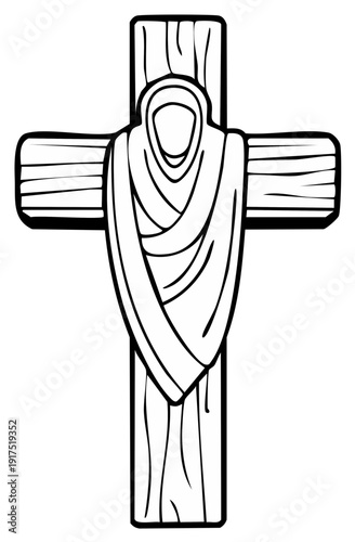 Religious Wooden Cross with Stylized Figure Illustration