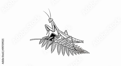 Line art of a praying mantis resting on a fern frond