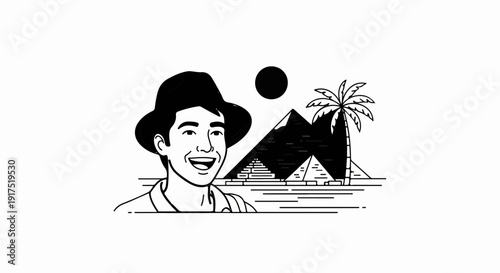 Happy traveler in hat with pyramids, palm tree, and sun