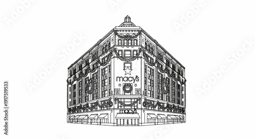 Line art of a large, ornate building adorned with festive garlands and wreaths
