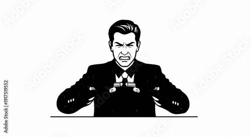 Enraged man in a suit with clenched fists, looking furious