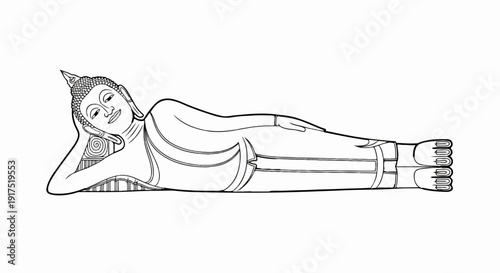 Line art of a reclining Buddha statue, serene, peaceful, spiritual