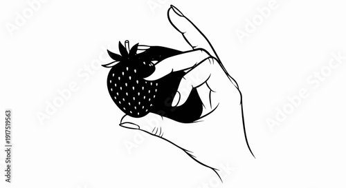 Hand holding a black and white drawing of a ripe strawberry