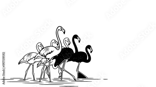 Flock of flamingos, some black, wading in water