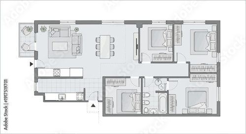 Floor plan of a four-bedroom apartment with living, dining, kitchen, and balcony