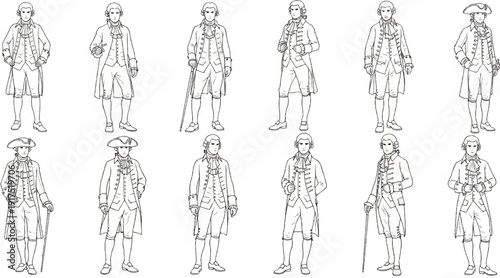 Ensemble of historical figures in 18th-century attire, sketch