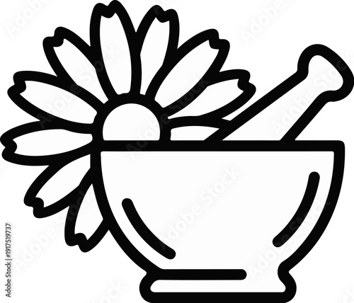 Floral mortar and pestle symbol, representing natural remedies and herbalism