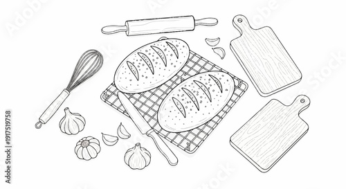 Line art of baking ingredients and tools including bread, garlic, and cutting boards