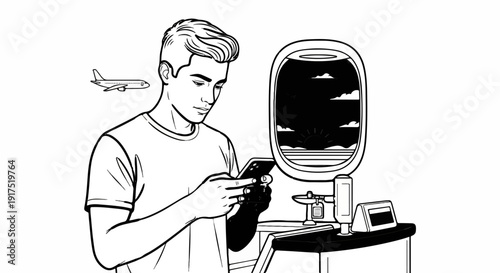 Man using smartphone on airplane near window with sunset view and another plane