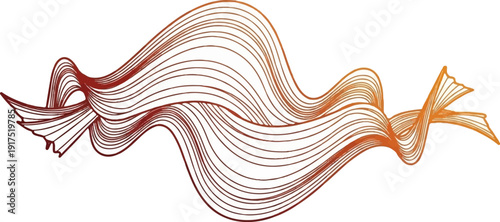 Flowing ribbon-like abstract lines in warm hues create a dynamic, organic shape
