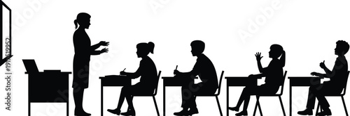 Teacher and students classroom silhouette, school lesson scene with children sitting at desks, education concept vector illustration isolated on white background