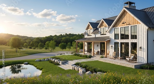 Elegant Modern Farmhouse with Pond and Rolling Hills at Sunset