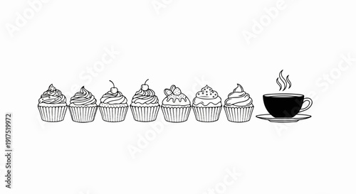 Line art of seven cupcakes and a steaming cup of coffee