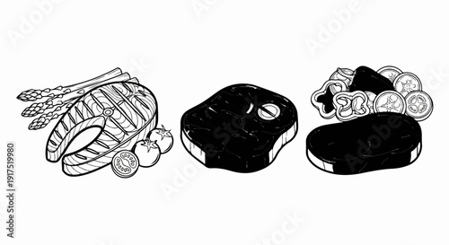 Line art of salmon, steak, and vegetables arranged together