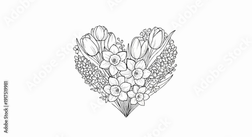 Heart-shaped arrangement of tulips, daffodils, and hyacinths in a sketch