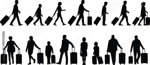 Travelers walking with suitcases silhouette set, airport passengers with rolling luggage in different poses, travel and tourism concept vector illustration isolated on white background
