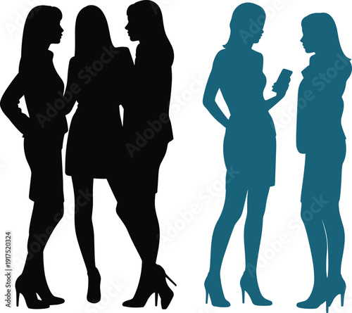 Vector silhouettes of professional businesswomen standing and talking in groups, featuring black and teal figures for office communication and corporate teamwork.